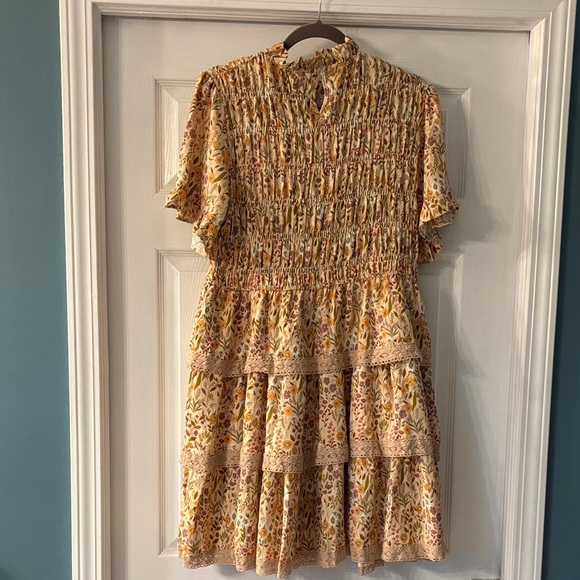 Simply Southern Smocked Floral Midi Dress - Yellow and Brown - Picture 2 of 5